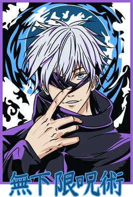 Hình vẽ nhân vật anime Gojo Satoru với mái tóc bạc, đeo băng mắt, tay chỉ vào mũi, có hiệu ứng năng lượng xanh phía sau.