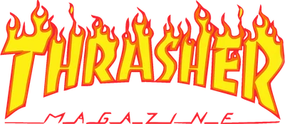 Logo Thrasher Magazine với chữ "THRASHER" cách điệu bằng ngọn lửa màu vàng và viền đỏ, bên dưới có dòng chữ "MAGAZINE" màu đỏ.