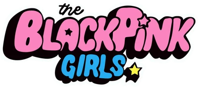 Logo 'the BLACKPINK Girls' với chữ màu hồng và xanh dương, viền đen, phong cách hoạt hình.