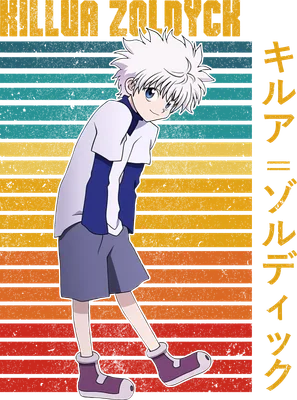 Hình ảnh Killua Zoldyck, nhân vật anime với mái tóc trắng, mặc áo xanh trắng và quần tím, đứng trên nền sọc ngang màu retro.