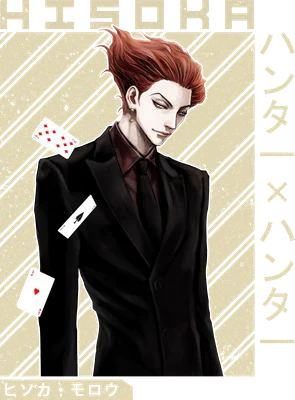 Hình ảnh nhân vật Hisoka từ anime Hunter x Hunter mặc vest đen, tóc đỏ, với các lá bài tây bay xung quanh.