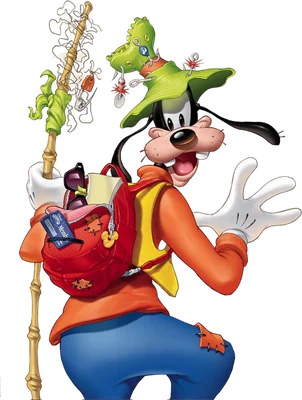 Hình ảnh Goofy hoạt hình của Disney trong trang phục phiêu lưu, đội mũ xanh, đeo balo đỏ, cầm gậy tre, biểu cảm vui vẻ.