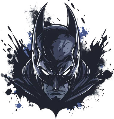 Hình ảnh đầu Batman với mặt nạ đen, mắt trắng sáng, viền sắc nét, hiệu ứng mực bắn màu xanh đen trên nền xám.