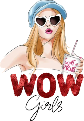 Hình minh họa cô gái tóc vàng đội mũ beret đeo kính hình trái tim cầm ly nước với chữ WOW Girls