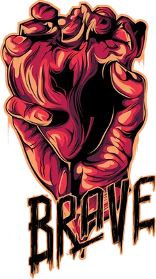Hình minh họa bàn tay nắm chặt trái tim với chữ Brave phong cách nghệ thuật đường nét mạnh mẽ