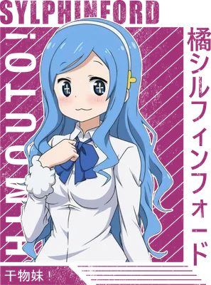Hình ảnh cô gái anime tóc xanh dương dài, mặc áo sơ mi trắng, đeo nơ xanh, biểu cảm đáng yêu.