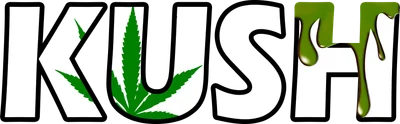 Chữ KUSH với lá cần sa xanh lá trong chữ U và hiệu ứng chảy màu xanh lá ở chữ H.