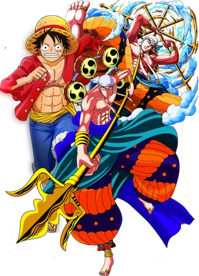 Hình ảnh minh họa các nhân vật Monkey D. Luffy và Enel từ anime/manga One Piece trong tư thế chiến đấu.