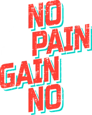 Hình ảnh chữ NO PAIN NO GAIN màu đỏ cam với hiệu ứng đổ bóng xanh ngọc, nền hình tròn trắng xước trên phông xám.