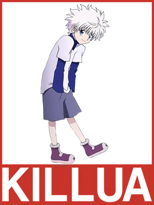 Hình vẽ chibi nhân vật Killua Zoldyck từ anime Hunter x Hunter, tóc trắng, mặc áo xanh trắng, quần tím, giày tím.