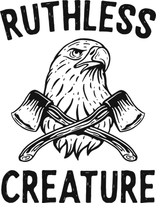 Hình minh họa đầu đại bàng hung dữ với hai chiếc rìu chéo và dòng chữ 'RUTHLESS CREATURE' trên nền xám.