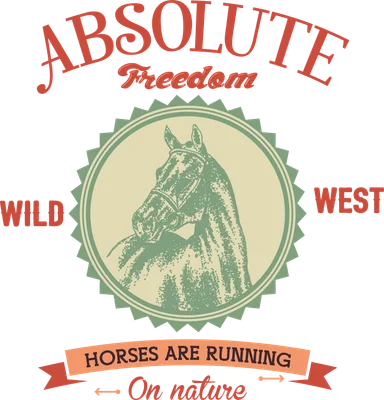 Hình ảnh ngựa hoang dã phong cách retro với chữ Absolute Freedom và Wild West, tông màu cổ điển.