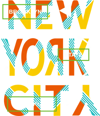Thiết kế đồ họa chữ 'NEW YORK CITY' với phong cách trừu tượng, sử dụng các khối màu cam, vàng, xanh ngọc và trắng trên nền xám. Bao gồm các từ 'BROOKLYN' và 'STATE'.