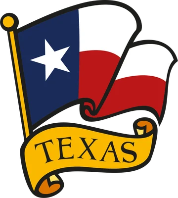Hình ảnh cờ Texas với dòng chữ "TEXAS" trên dải băng vàng, biểu tượng bang Texas.