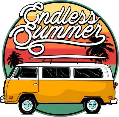 Hình minh họa xe bus cổ điển màu vàng với dòng chữ Endless Summer phong cách retro
