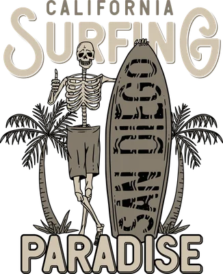 Hình ảnh bộ xương cầm ván lướt sóng, đứng giữa hai cây dừa, có chữ 'California Surfing' và 'Paradise'