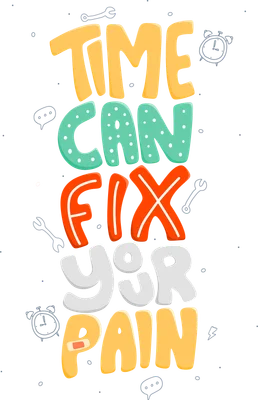 Hình ảnh chữ 'TIME CAN FIX YOUR PAIN' với phông chữ hoạt hình nhiều màu sắc và miếng băng cá nhân trên chữ A