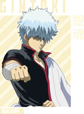 Hình ảnh nhân vật Gintoki Sakata trong anime, tóc bạc, mặc áo đen viền đỏ, đang tung một cú đấm.