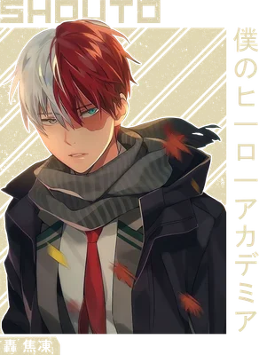Shoto Todoroki từ anime My Hero Academia với mái tóc hai màu đỏ trắng, đeo khăn và áo khoác.