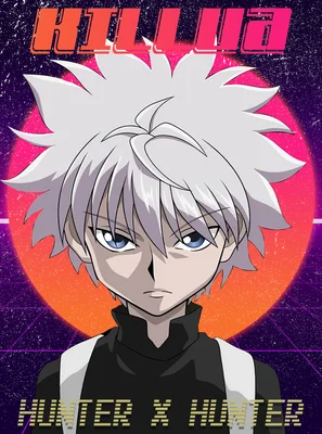 Hình minh họa nhân vật Killua Zoldyck từ anime Hunter x Hunter với mái tóc trắng, mắt xanh, trên nền retro màu cam và tím.