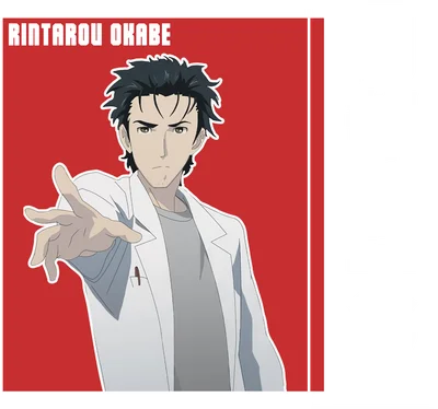 Hình ảnh Rintarou Okabe, nhân vật chính Steins;Gate, mặc áo khoác trắng, giơ tay về phía trước.