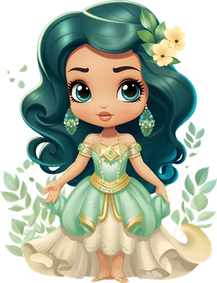 Hình minh họa cô gái chibi công chúa tóc xanh ngọc, váy xanh mint, mắt to, cài hoa vàng trên nền xám.