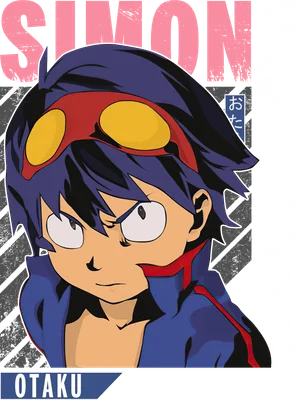 Hình vẽ nhân vật Simon từ anime Gurren Lagann với biểu cảm quyết tâm, đeo kính đỏ vàng.