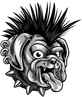 Hình minh họa đầu chó Bulldog với kiểu tóc mohawk và vòng cổ đinh tán phong cách punk rock