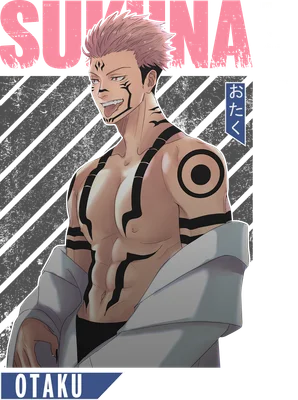 Hình ảnh nhân vật Sukuna từ Jujutsu Kaisen với cơ bắp săn chắc, hình xăm đen và nụ cười tự tin.