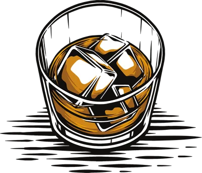 Hình minh họa ly rượu whisky màu hổ phách với những viên đá lạnh, viền đen đậm, trên nền xám.