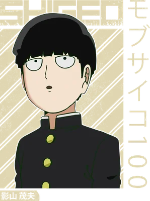 Hình ảnh nhân vật Shigeo Kageyama (Mob) từ anime Mob Psycho 100, mặc đồng phục học sinh, với phong cách vẽ độc đáo.