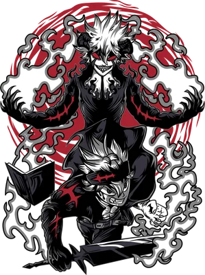 Hình ảnh Asta và Devil từ Black Clover với hiệu ứng khói lửa, thể hiện sức mạnh và sự quyết tâm.