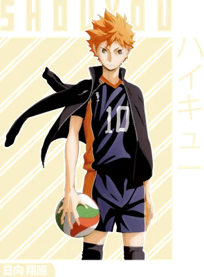 Hình vẽ nhân vật anime Shoyo Hinata với mái tóc cam, mặc áo số 10 và cầm bóng chuyền.
