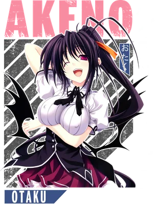 Hình vẽ Akeno Himejima từ anime High School DxD, tóc đen dài, mắt tím, trang phục nữ sinh quyến rũ, có cánh đen.