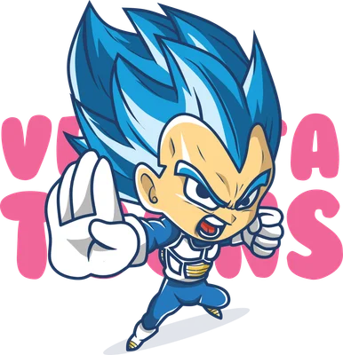 Hình vẽ chibi Vegeta với tóc Super Saiyan Xanh, biểu cảm mạnh mẽ, tay giơ ra phía trước.
