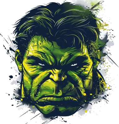 Hình ảnh đầu Hulk người khổng lồ xanh với biểu cảm giận dữ, phong cách splatter art màu xanh lá, vàng và đen trên nền xám.