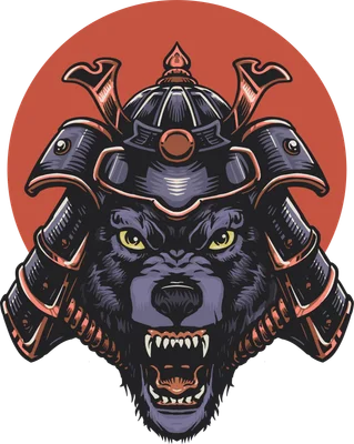 Hình minh họa đầu sói đội mũ giáp Samurai phong cách nghệ thuật vector mạnh mẽ