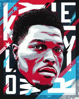 Hình vẽ chân dung vận động viên bóng rổ Kevin Love với phong cách pop art, sử dụng tông màu đỏ, trắng và xanh dương.