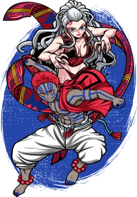 Hình ảnh minh họa Akaza và Daki từ Demon Slayer, hai nhân vật với biểu cảm mạnh mẽ và trang phục đặc trưng.