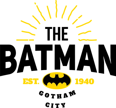 Logo The Batman Est 1940 Gotham City với biểu tượng dơi màu vàng trên nền xám
