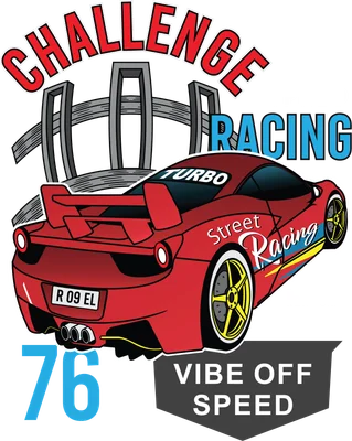 Hình ảnh minh họa xe đua thể thao màu đỏ với dòng chữ "Challenge Speed Racing", "Turbo", "Street Racing", "New York City", "76" và "Vibe Off Speed".