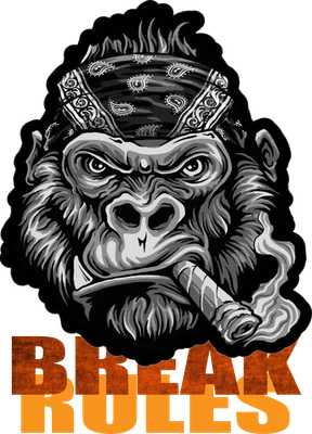 Hình ảnh khỉ đột đeo khăn bandana, hút xì gà, với dòng chữ 'BREAK RULES' bên dưới.