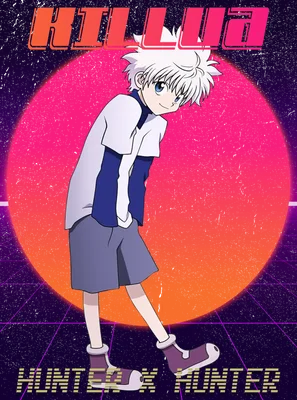 Hình ảnh Killua Zoldyck từ Hunter x Hunter với phong cách retro, nền mặt trời cam hồng và lưới điện tử.
