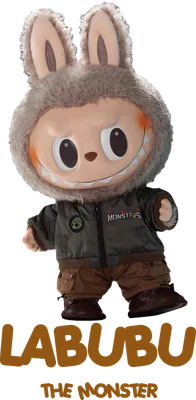 Hình ảnh nhân vật Labubu The Monster đội mũ lông xám tai thỏ, mặc áo khoác bomber xanh rêu và quần túi hộp nâu, đứng nghiêng.