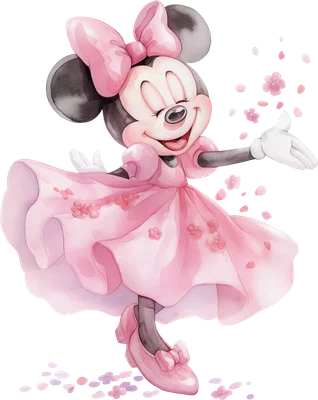 Hình ảnh Minnie Mouse hoạt hình trong chiếc váy hồng, phong cách màu nước, đang mỉm cười và tung cánh hoa.