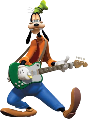 Hình ảnh Goofy của Disney đang chơi guitar điện màu xanh lá cây, mặc áo cam và quần xanh, tạo dáng năng động trên nền xám.