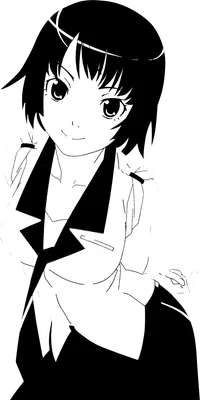 Hình vẽ anime cô gái tóc ngắn, mặc áo vest đen, nhìn nghiêng với nụ cười nhẹ.