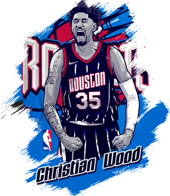 Hình vẽ Christian Wood, cầu thủ bóng rổ số 35 của Houston Rockets, đang hét lên với nắm đấm giơ cao.