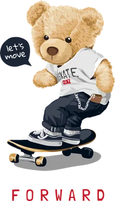 Hình ảnh gấu Teddy đội mũ, mặc áo phông in chữ 'SKATE OUT' và quần jean, đang trượt ván.