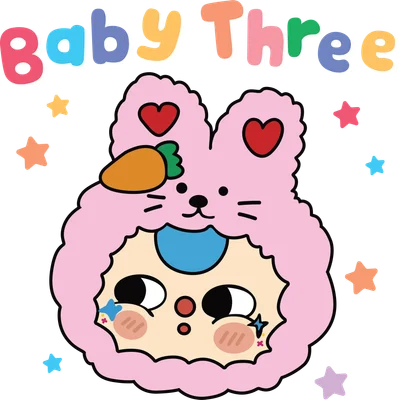 Hình vẽ hoạt hình em bé đội mũ thỏ hồng dễ thương, có chữ Baby Three và các ngôi sao nhiều màu sắc.